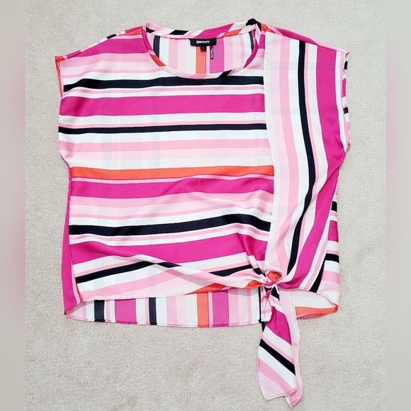 DKNY Women's Multi Colors Sleeveless Top Blouse Size Medium Tie Waist - Picture 7 of 11